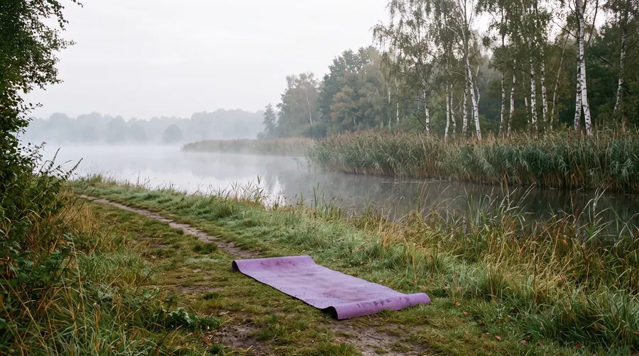 Een paarse yogamat aan de rand van een plas in de ochtendmist