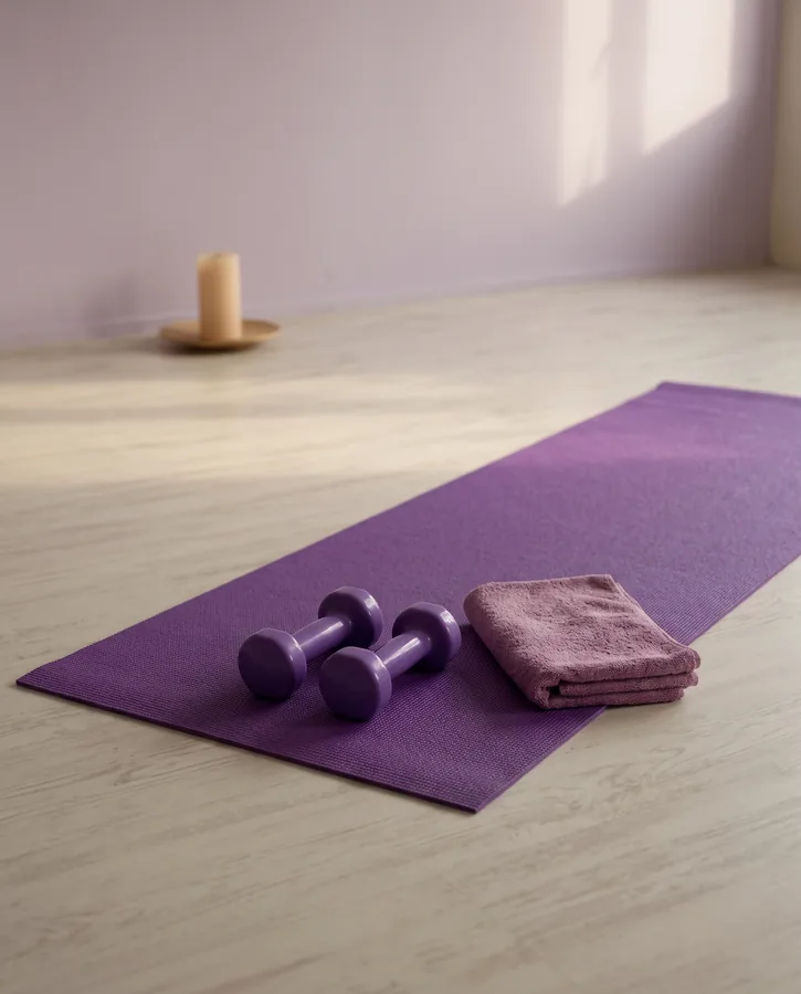 Twee paarse gewichtjes en een handdoek op een yogamat